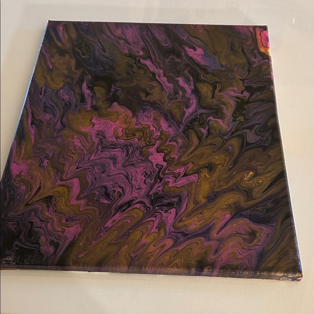 Hand-Poured Abstract Canvas in Purple and Gold Accents